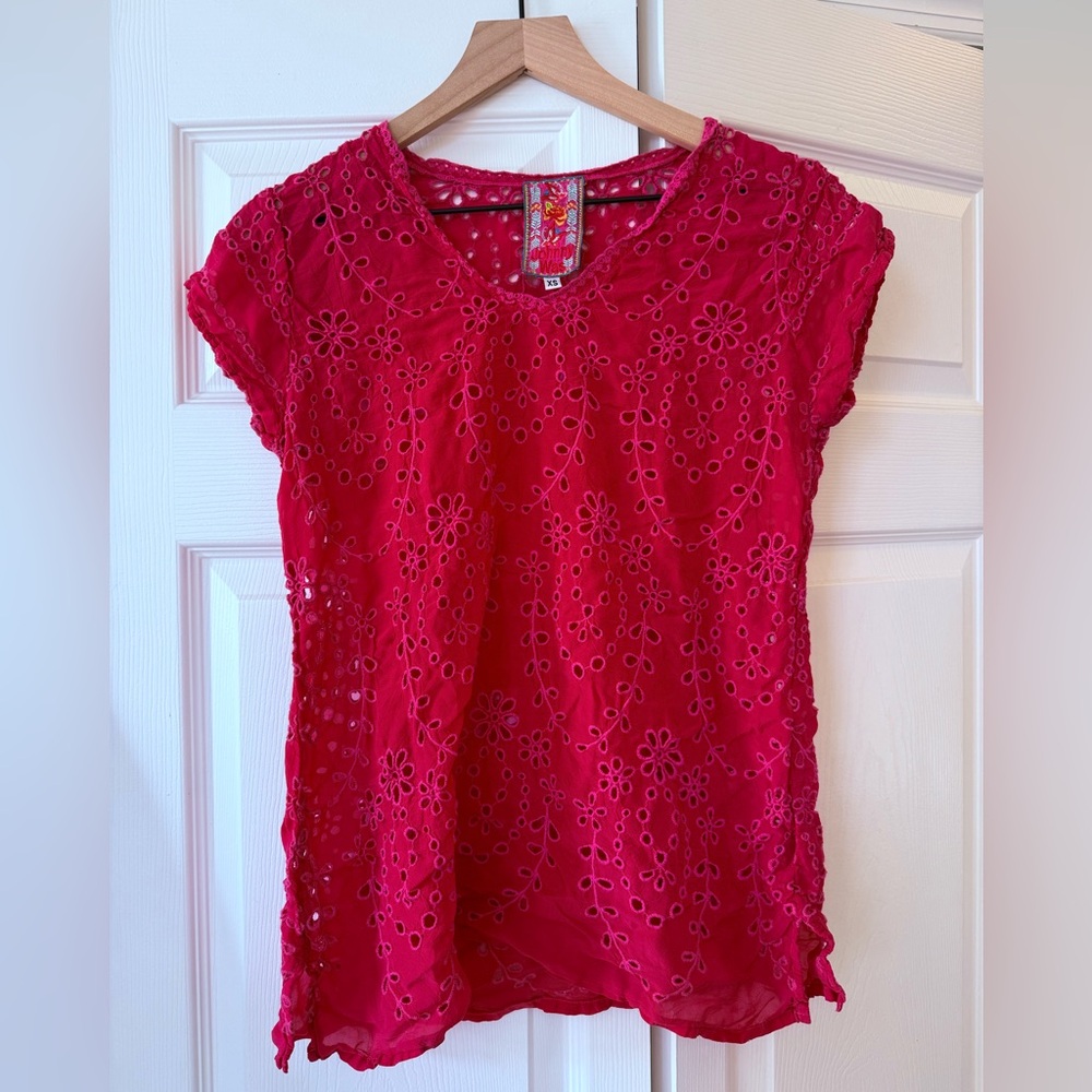 Johnny Was Pink Fuchsia Eyelet and Embroidery Top
